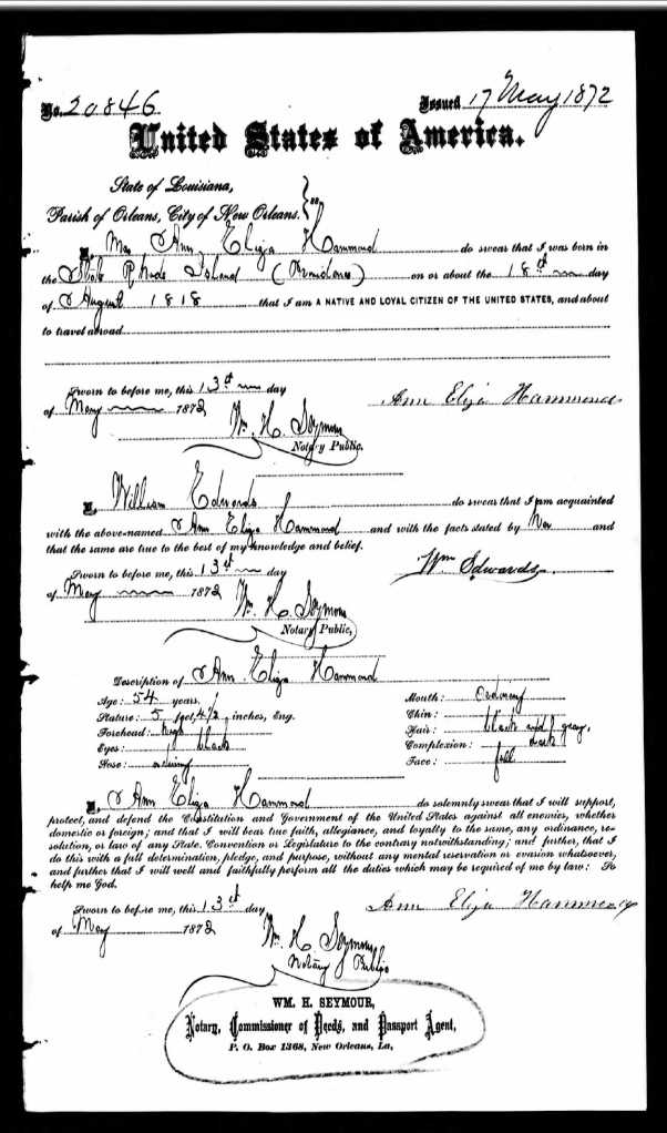 Ann Eliza Hammond's passport application for her trip to England in 1887.  